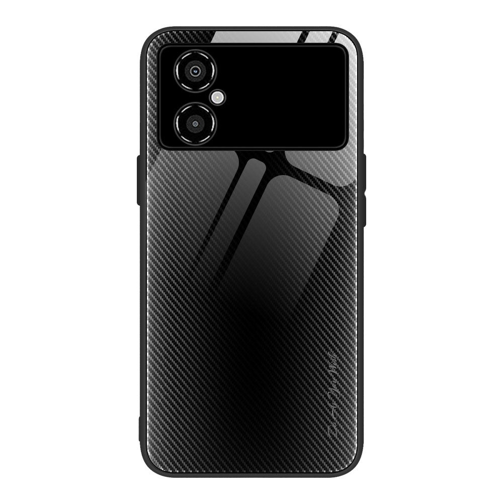 For Xiaomi Poco M4 5G Anti-fingerprint Carbon Fiber Texture Phone Cover Tempered Glass+TPU Anti-scratch Cell Phone Case