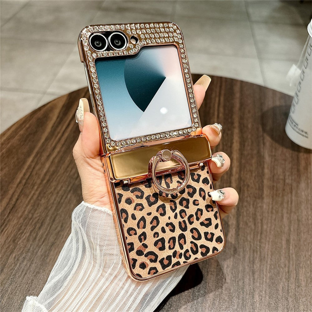 For Samsung Galaxy Z Flip7 FE 5G / Z Flip6 5G Case Leopard Pattern Ring Holder Rhinestone Hard PC Phone Cover