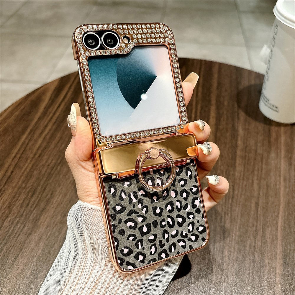For Samsung Galaxy Z Flip7 FE 5G / Z Flip6 5G Case Leopard Pattern Ring Holder Rhinestone Hard PC Phone Cover