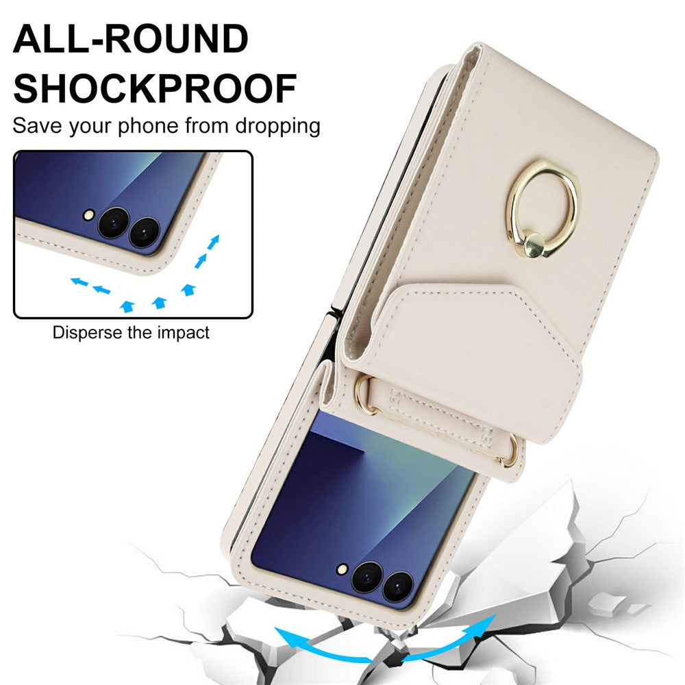Til Samsung Galaxy Z Flip7 5G Etui Litchi Tekstur PU Læder + TPU Telefoncover med Skulderrem