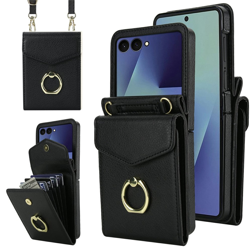 Til Samsung Galaxy Z Flip7 5G Etui Litchi Tekstur PU Læder + TPU Telefoncover med Skulderrem