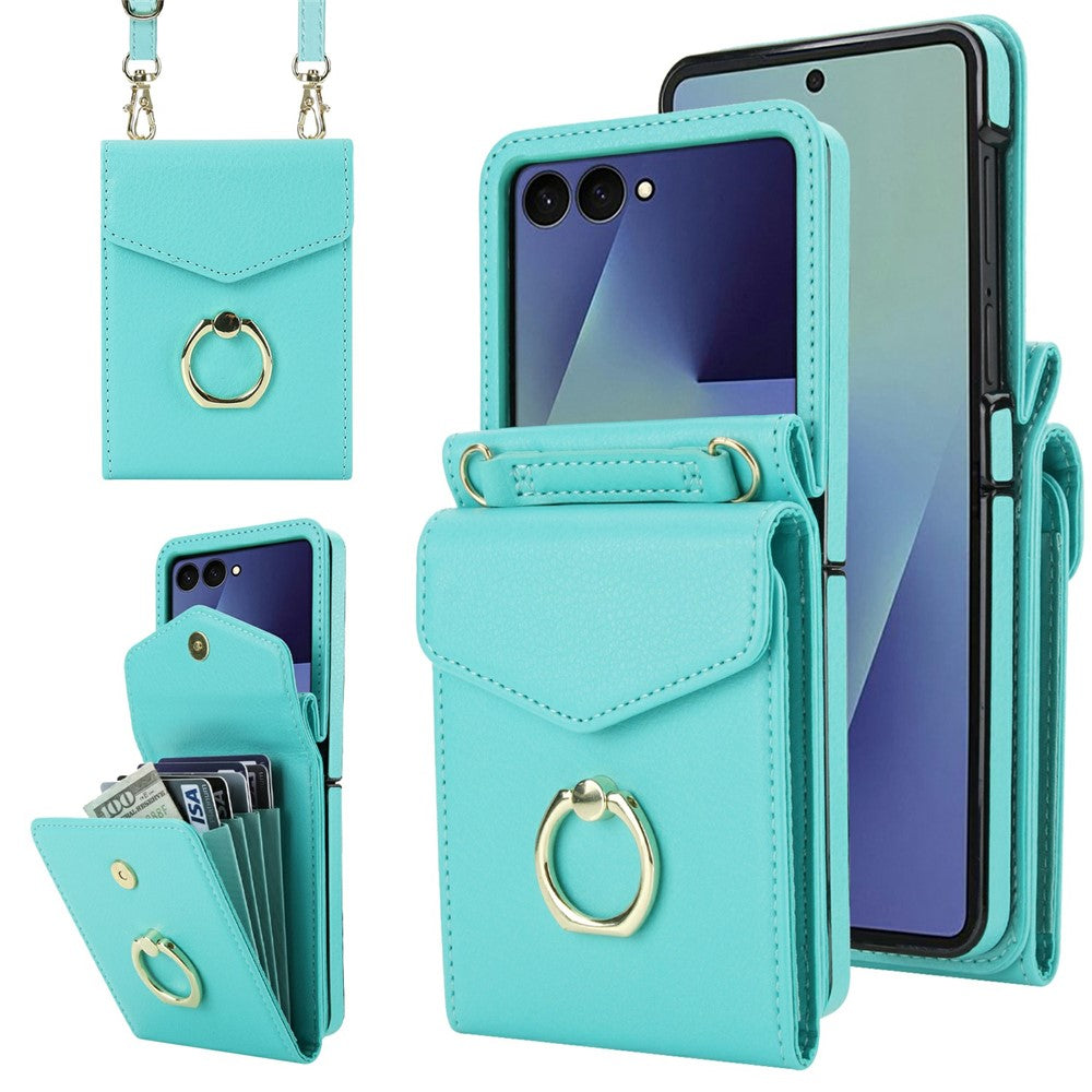 Til Samsung Galaxy Z Flip7 5G Etui Litchi Tekstur PU Læder + TPU Telefoncover med Skulderrem