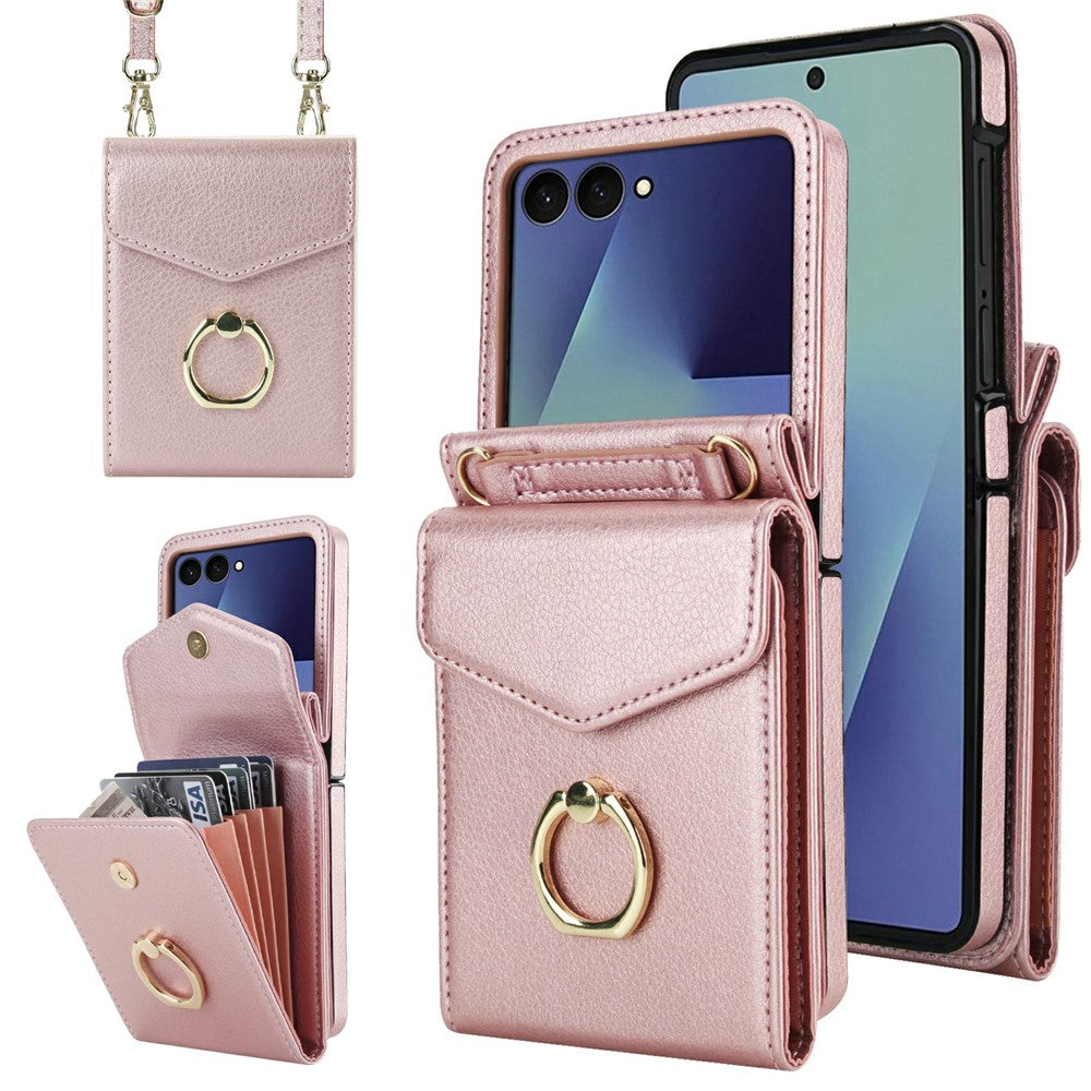 Til Samsung Galaxy Z Flip7 5G Etui Litchi Tekstur PU Læder + TPU Telefoncover med Skulderrem