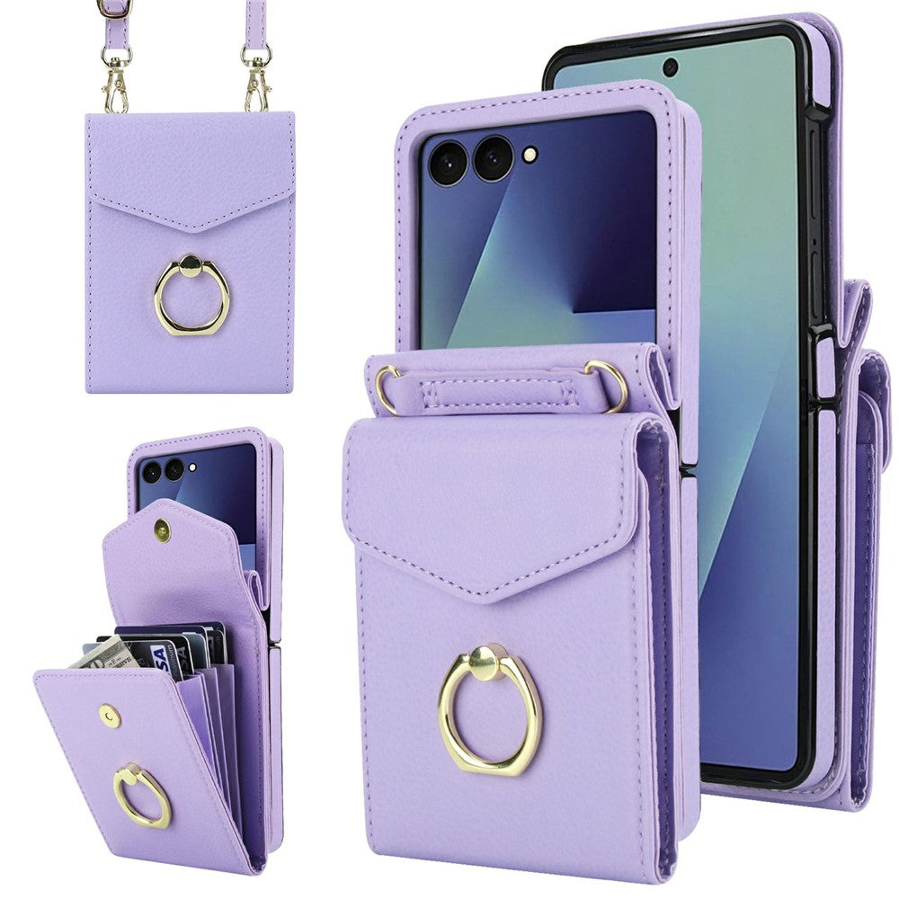 Til Samsung Galaxy Z Flip7 5G Etui Litchi Tekstur PU Læder + TPU Telefoncover med Skulderrem