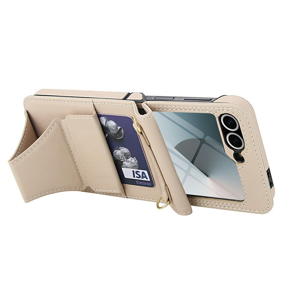 Samsung Galaxy Z Flip6 5G-skal med stativ, läder + vikbart PC-mobilskal med HD-skärmskydd/remmar