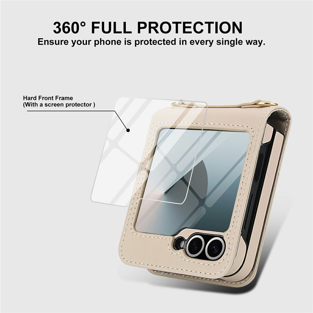 Samsung Galaxy Z Flip6 5G-skal med stativ, läder + vikbart PC-mobilskal med HD-skärmskydd/remmar