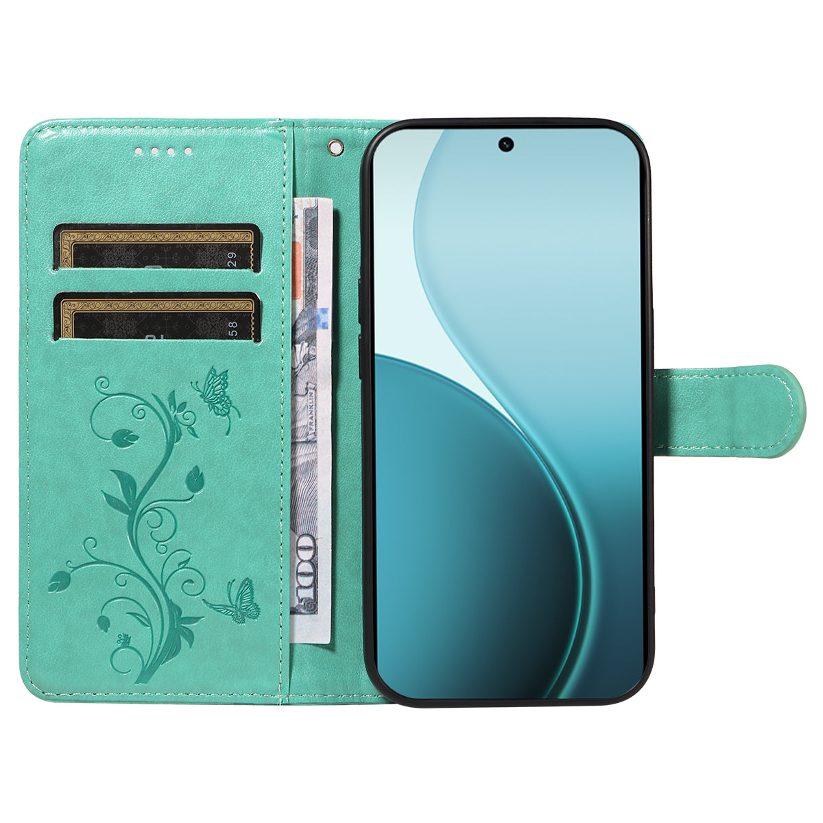 Oppo Reno14 Pro 5G (Kina) / Oppo Reno14 Pro 5G (Global) PU-læderetui med blomstermønster, tegnebogsetui med stativ og rem