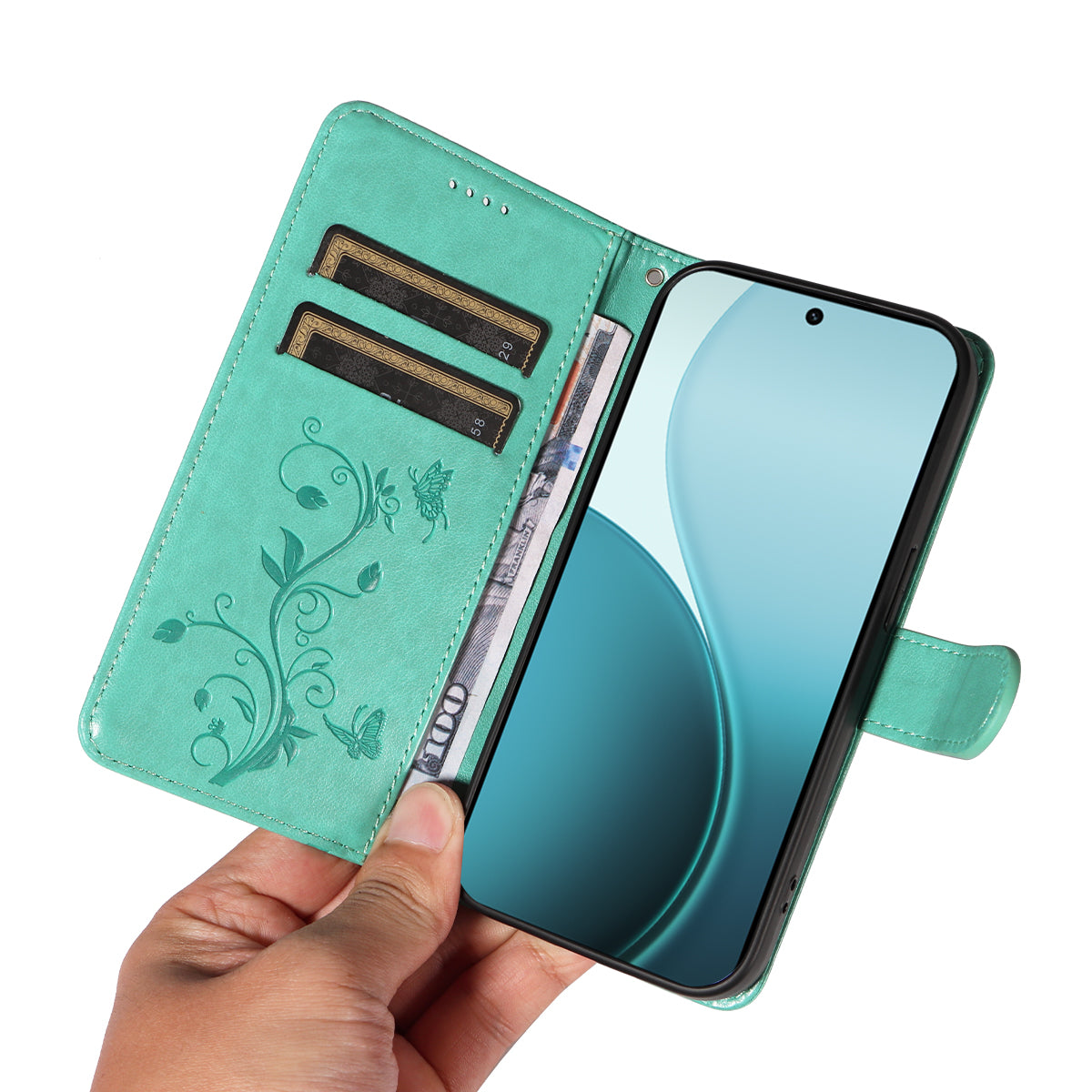 Oppo Reno14 Pro 5G (Kina) / Oppo Reno14 Pro 5G (Global) PU-läderfodral Blommönster Plånboksfodral med stativ och rem