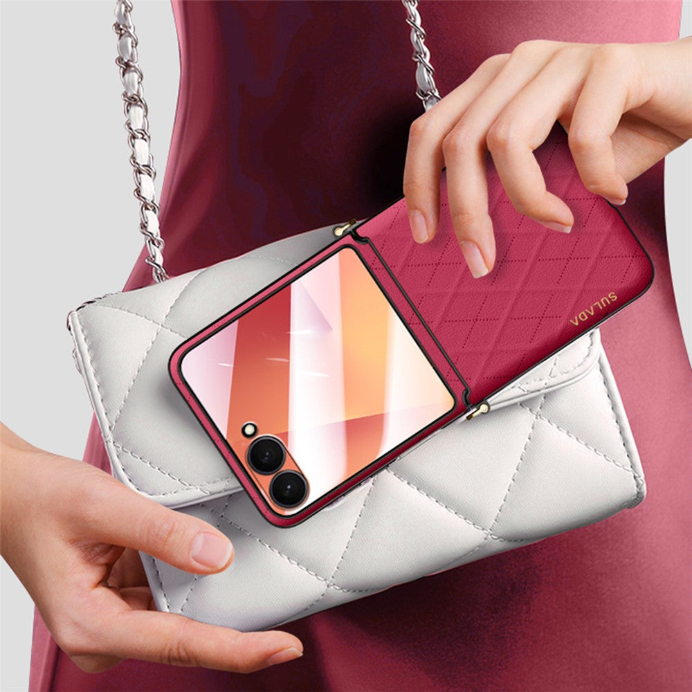 SULADA För Samsung Galaxy Z Flip7 5G Skal Rhombus Läder+PC mobilskal med Axelrem