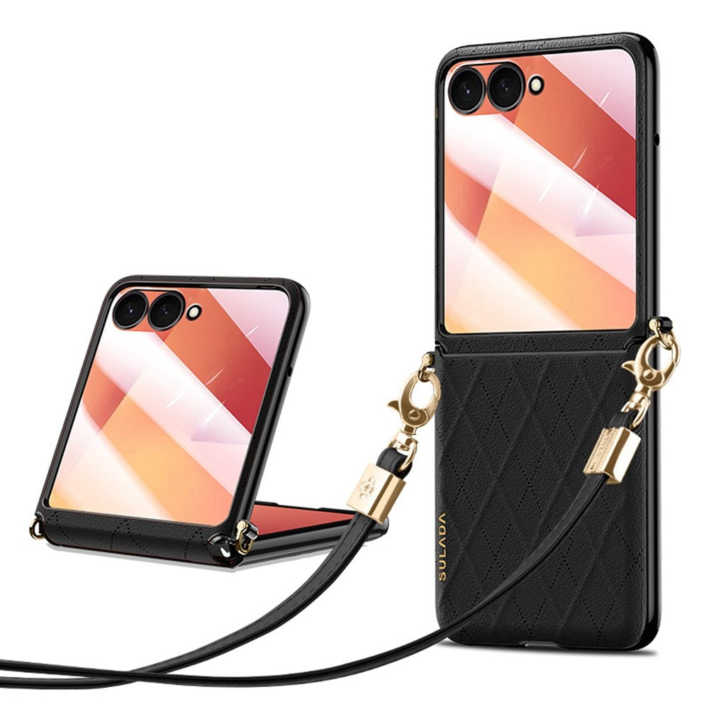 SULADA För Samsung Galaxy Z Flip7 5G Skal Rhombus Läder+PC mobilskal med Axelrem