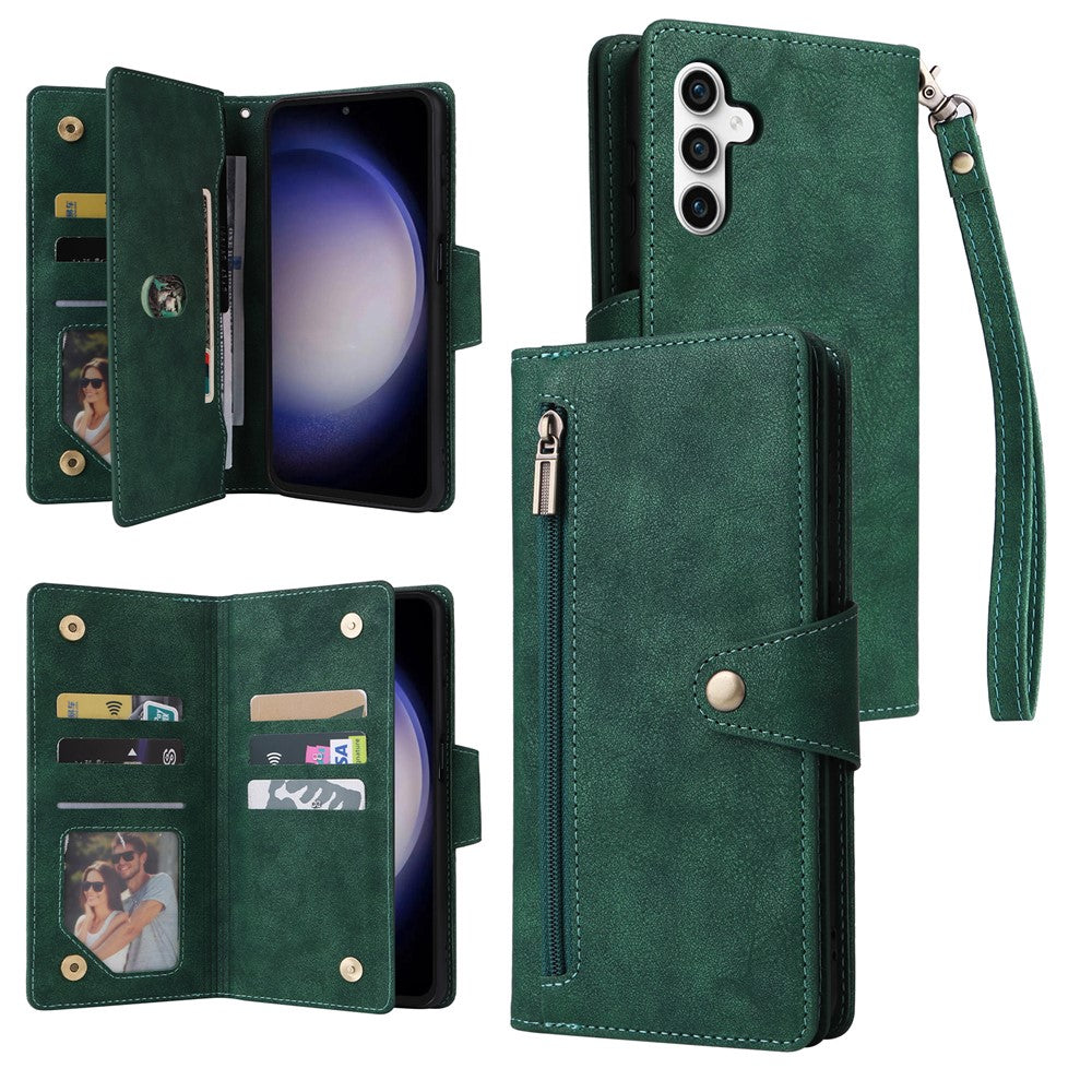 For Samsung Galaxy S25 FE Case Zipper Wallet Rivet Decor Leather Phone Cover with Wrist Strap