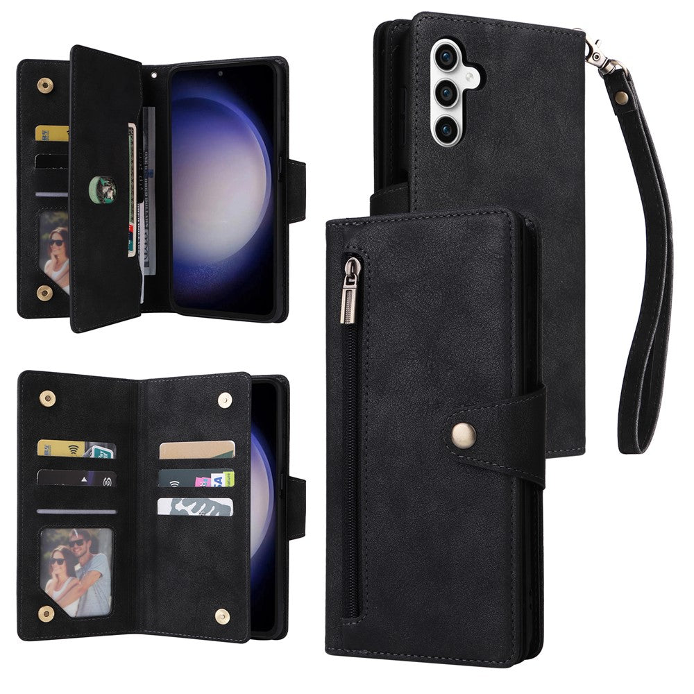 For Samsung Galaxy S25 FE Case Zipper Wallet Rivet Decor Leather Phone Cover with Wrist Strap