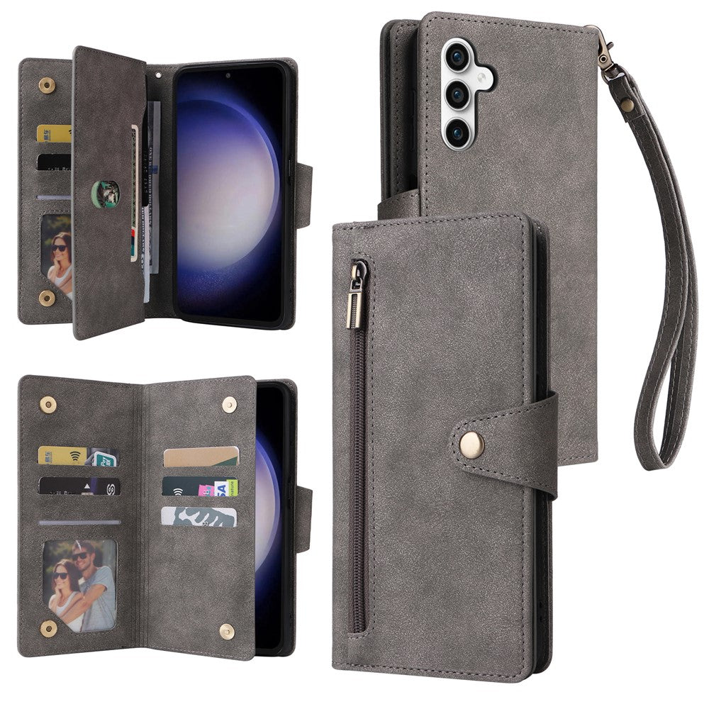 For Samsung Galaxy S25 FE Case Zipper Wallet Rivet Decor Leather Phone Cover with Wrist Strap