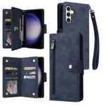 For Samsung Galaxy S25 FE Case Zipper Wallet Rivet Decor Leather Phone Cover with Wrist Strap