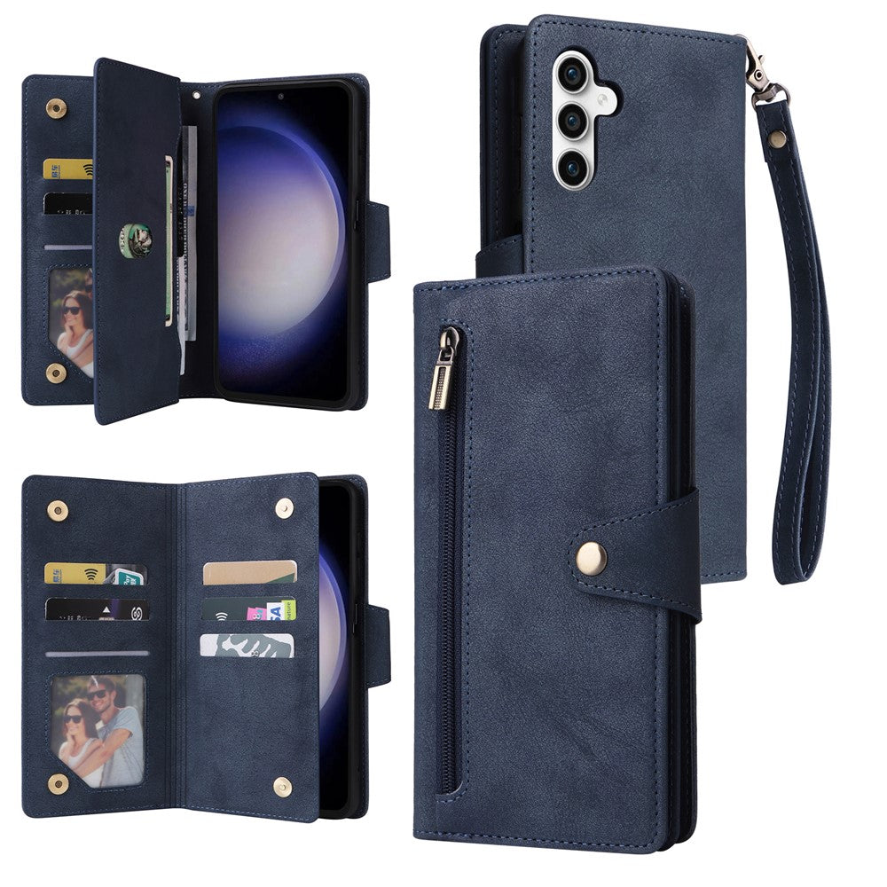 For Samsung Galaxy S25 FE Case Zipper Wallet Rivet Decor Leather Phone Cover with Wrist Strap