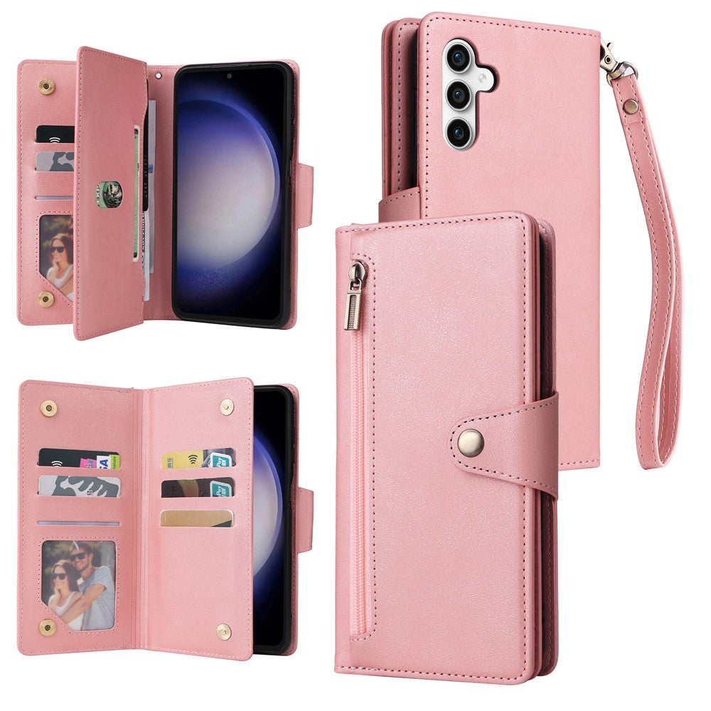 For Samsung Galaxy S25 FE Case Zipper Wallet Rivet Decor Leather Phone Cover with Wrist Strap