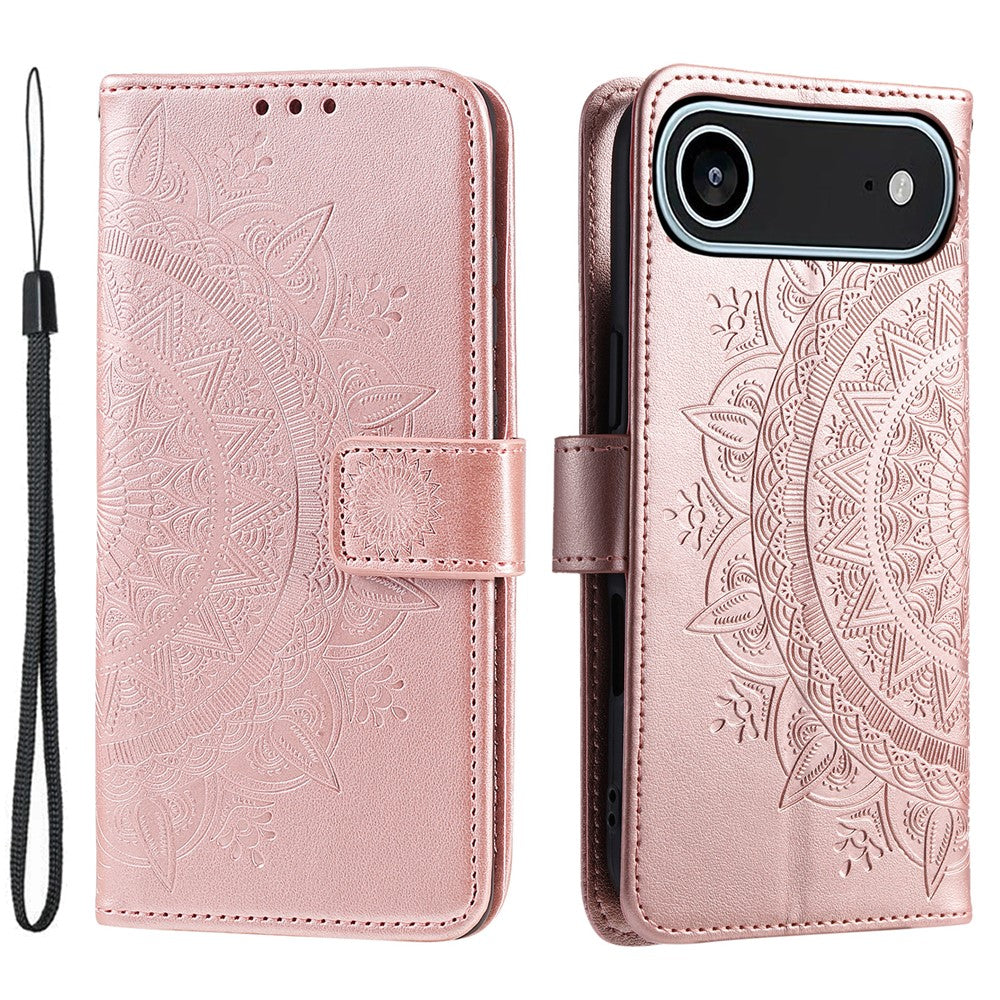 For iPhone Air Stand Case Imprinted Totem PU Leather Wallet Phone Cover with Wrist Strap