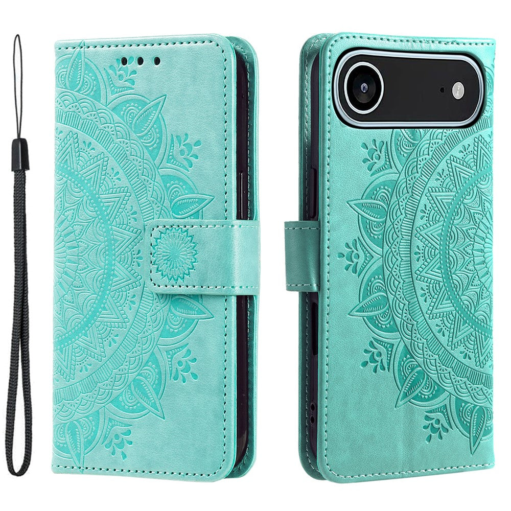 For iPhone Air Stand Case Imprinted Totem PU Leather Wallet Phone Cover with Wrist Strap