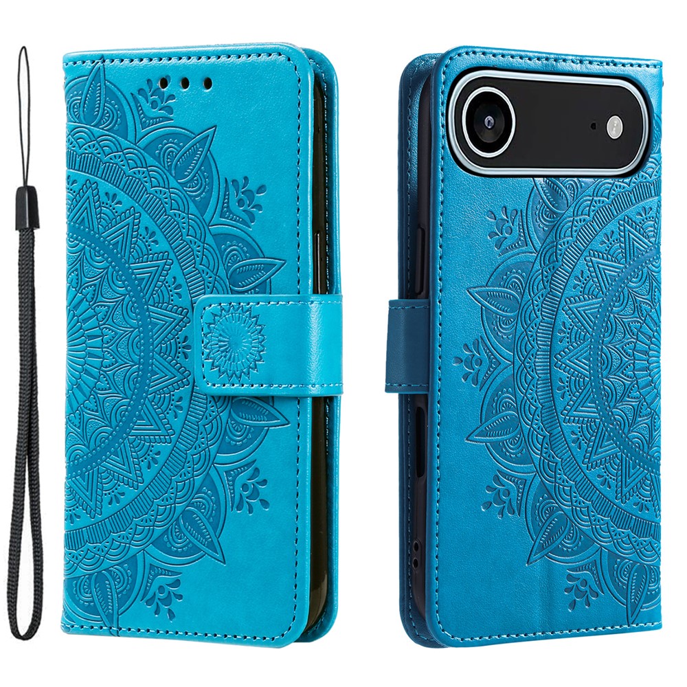For iPhone Air Stand Case Imprinted Totem PU Leather Wallet Phone Cover with Wrist Strap