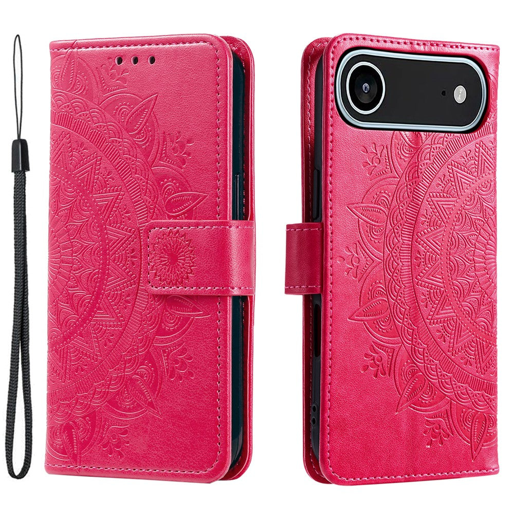 For iPhone Air Stand Case Imprinted Totem PU Leather Wallet Phone Cover with Wrist Strap
