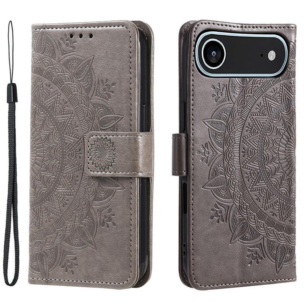 For iPhone Air Stand Case Imprinted Totem PU Leather Wallet Phone Cover with Wrist Strap