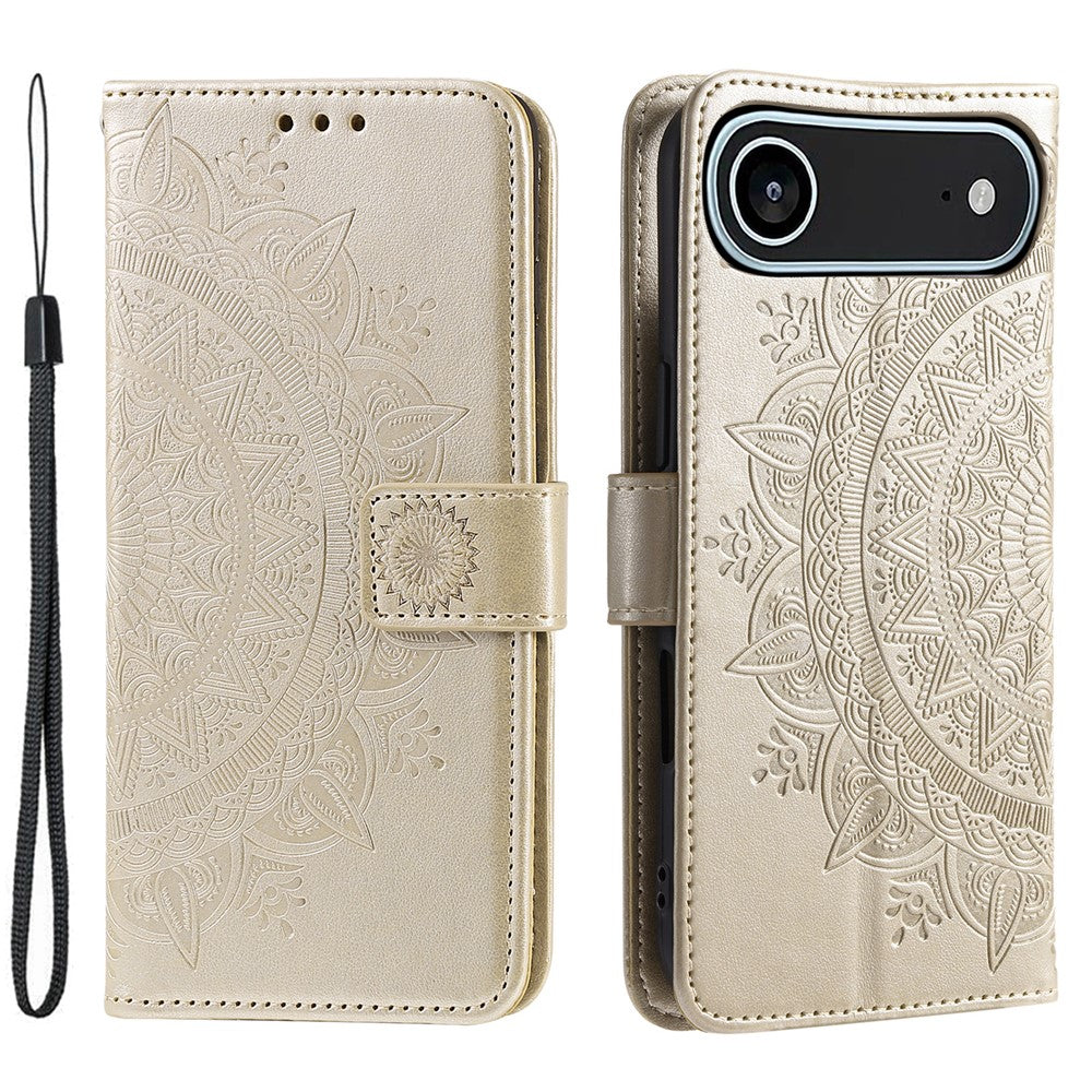 For iPhone Air Stand Case Imprinted Totem PU Leather Wallet Phone Cover with Wrist Strap