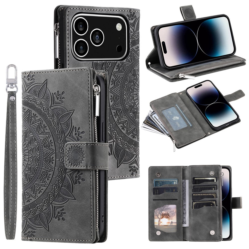 For iPhone 18 Pro / 17 Pro Wallet Case Mandala Flower Pattern PU Leather Phone Cover with Wrist Strap