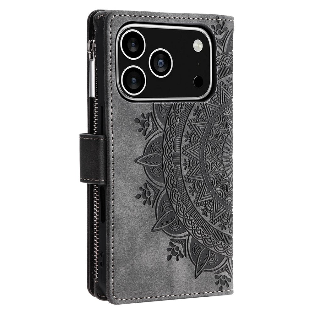 For iPhone 18 Pro / 17 Pro Wallet Case Mandala Flower Pattern PU Leather Phone Cover with Wrist Strap