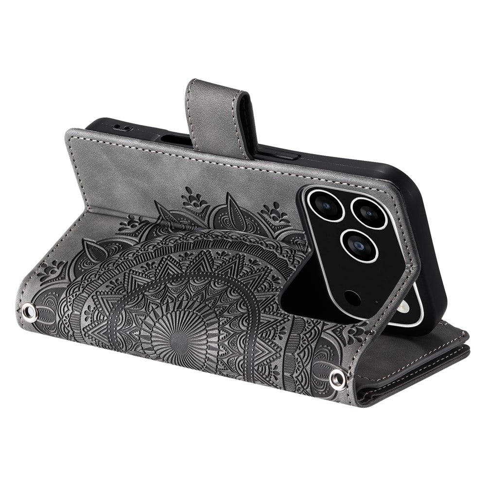 For iPhone 18 Pro / 17 Pro Wallet Case Mandala Flower Pattern PU Leather Phone Cover with Wrist Strap
