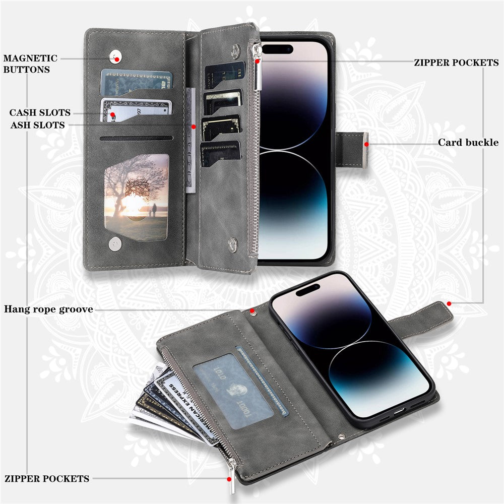 For iPhone 18 Pro / 17 Pro Wallet Case Mandala Flower Pattern PU Leather Phone Cover with Wrist Strap
