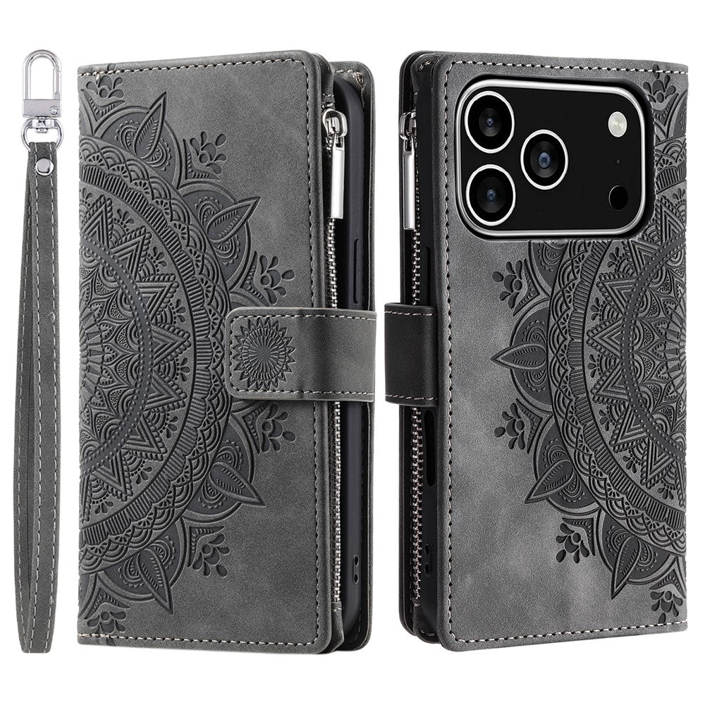 For iPhone 18 Pro / 17 Pro Wallet Case Mandala Flower Pattern PU Leather Phone Cover with Wrist Strap