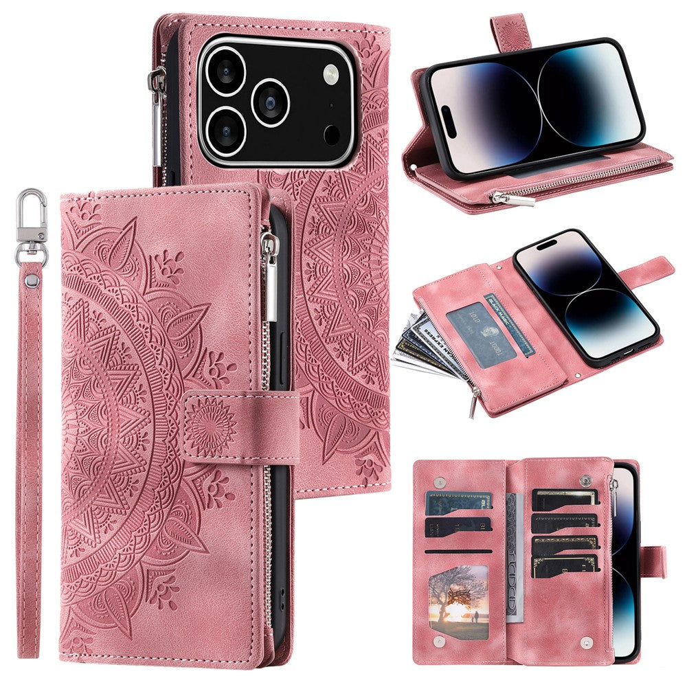 For iPhone 18 Pro / 17 Pro Wallet Case Mandala Flower Pattern PU Leather Phone Cover with Wrist Strap
