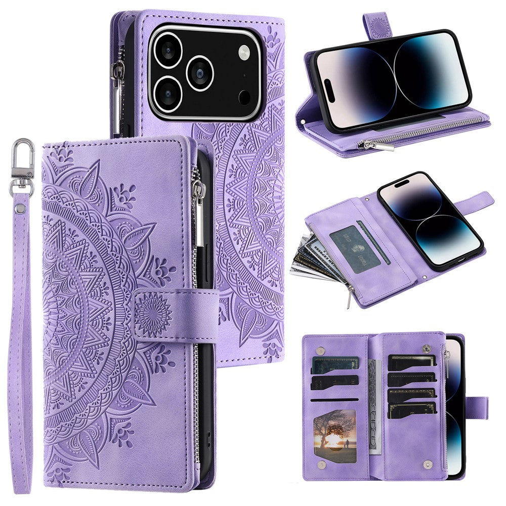 For iPhone 18 Pro / 17 Pro Wallet Case Mandala Flower Pattern PU Leather Phone Cover with Wrist Strap