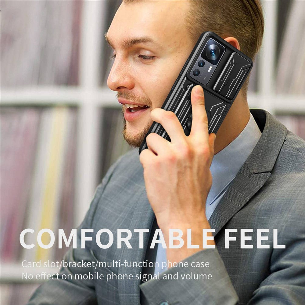 For Xiaomi 12T Pro 5G Card Holder Ring Magnetic Kickstand Phone Case PC + TPU Phone Protector with Slide Camera Cover