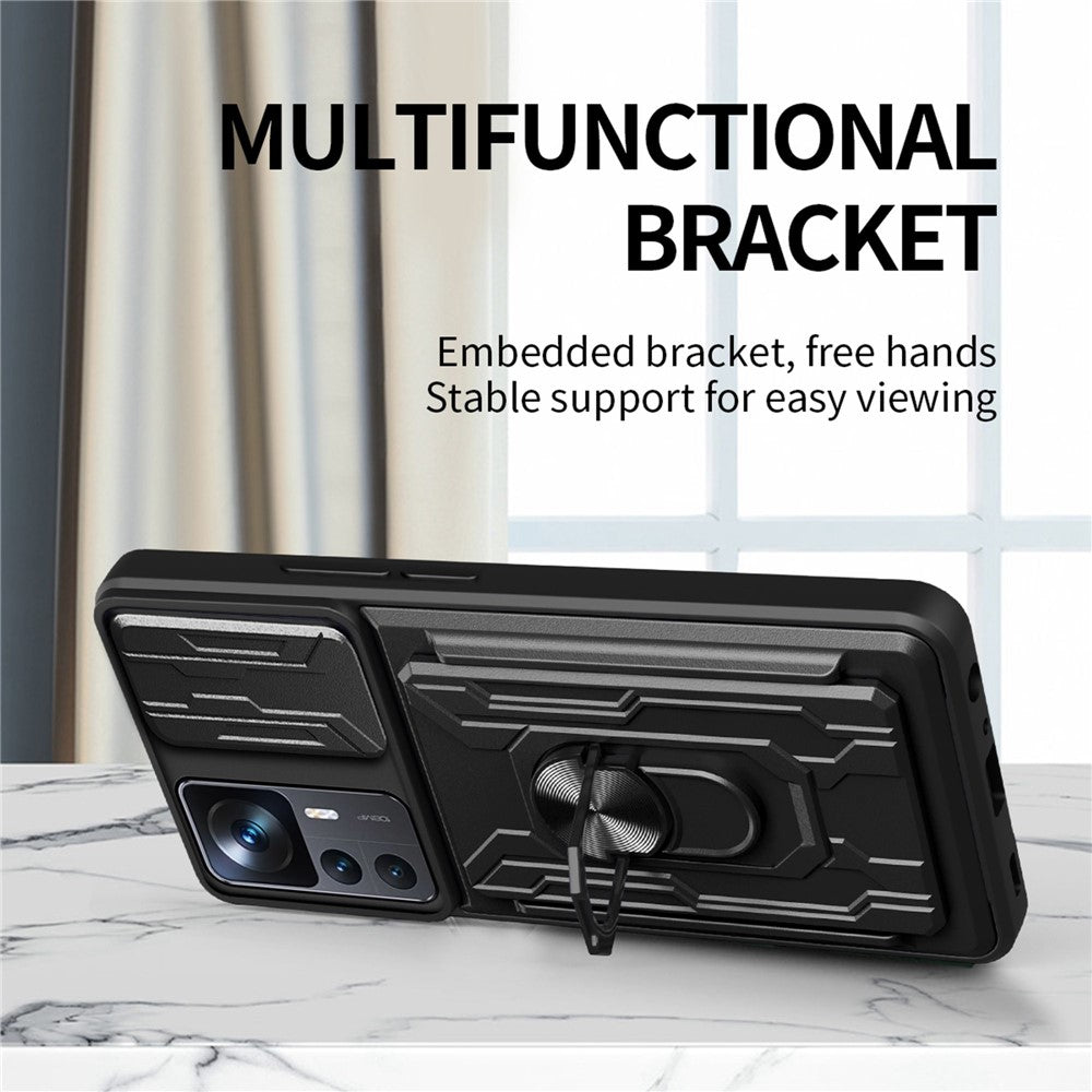 For Xiaomi 12T Pro 5G Card Holder Ring Magnetic Kickstand Phone Case PC + TPU Phone Protector with Slide Camera Cover