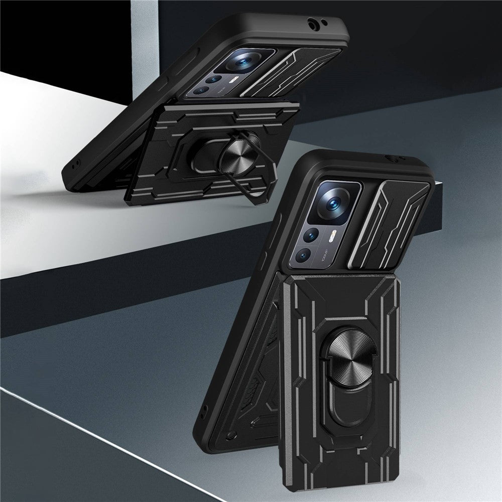 For Xiaomi 12T Pro 5G Card Holder Ring Magnetic Kickstand Phone Case PC + TPU Phone Protector with Slide Camera Cover
