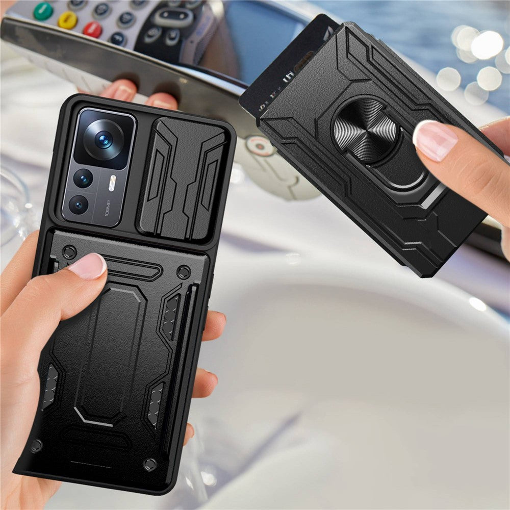 For Xiaomi 12T Pro 5G Card Holder Ring Magnetic Kickstand Phone Case PC + TPU Phone Protector with Slide Camera Cover