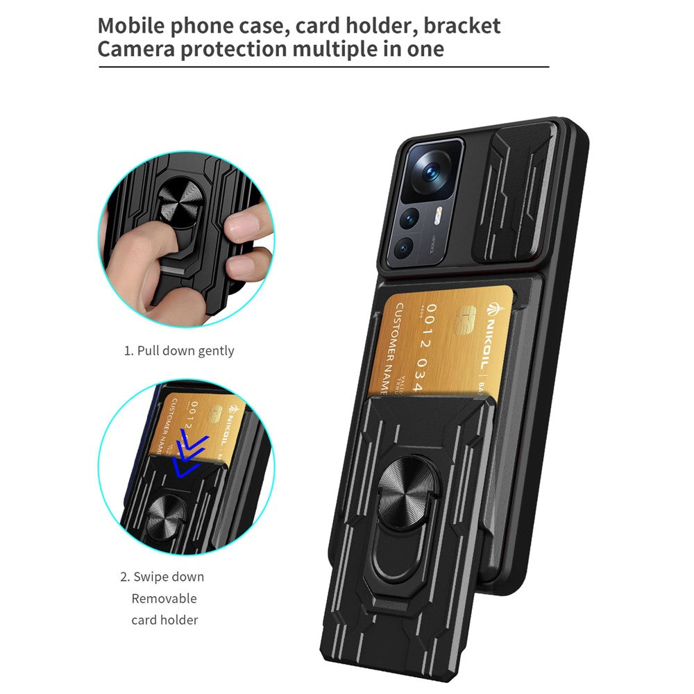 For Xiaomi 12T Pro 5G Card Holder Ring Magnetic Kickstand Phone Case PC + TPU Phone Protector with Slide Camera Cover