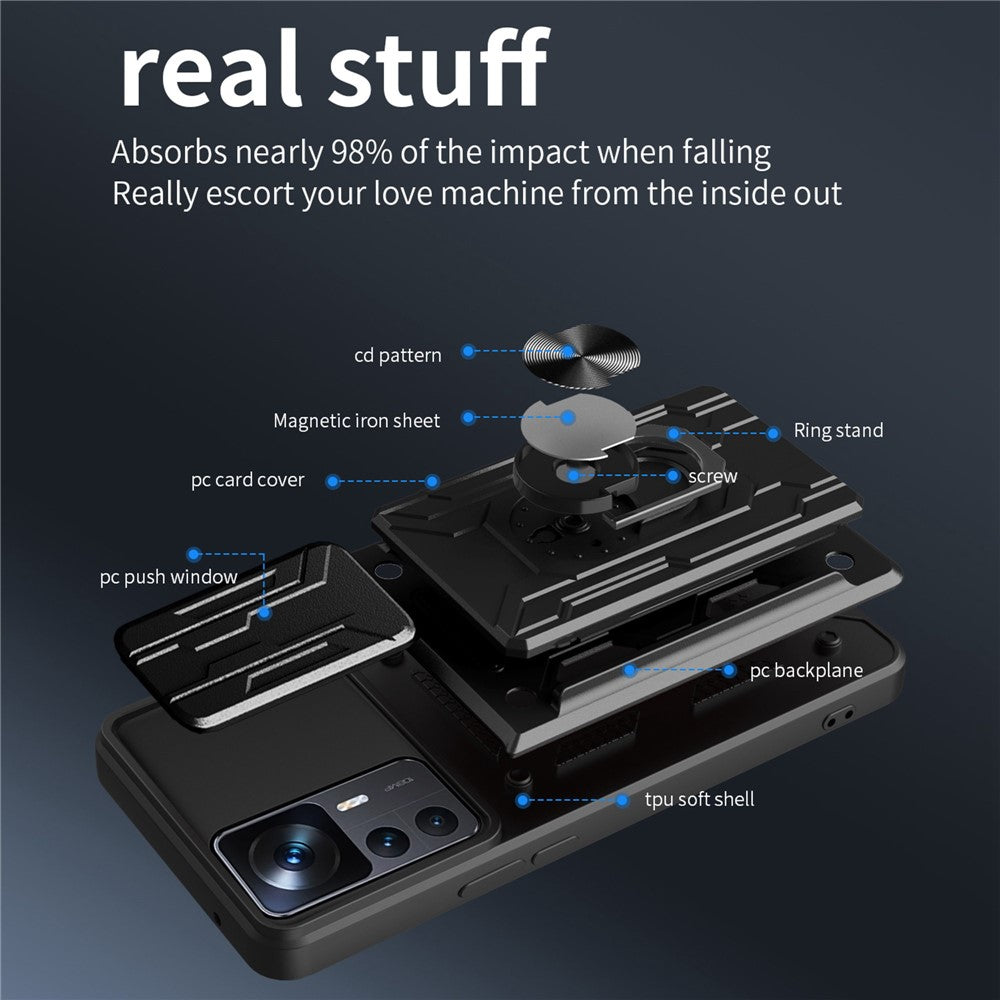 For Xiaomi 12T Pro 5G Card Holder Ring Magnetic Kickstand Phone Case PC + TPU Phone Protector with Slide Camera Cover