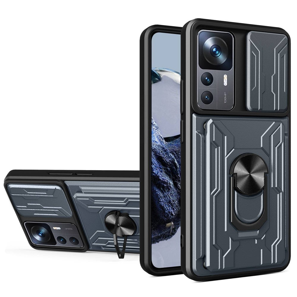 For Xiaomi 12T Pro 5G Card Holder Ring Magnetic Kickstand Phone Case PC + TPU Phone Protector with Slide Camera Cover