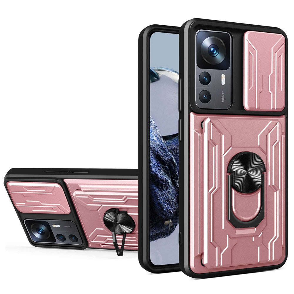 For Xiaomi 12T Pro 5G Card Holder Ring Magnetic Kickstand Phone Case PC + TPU Phone Protector with Slide Camera Cover