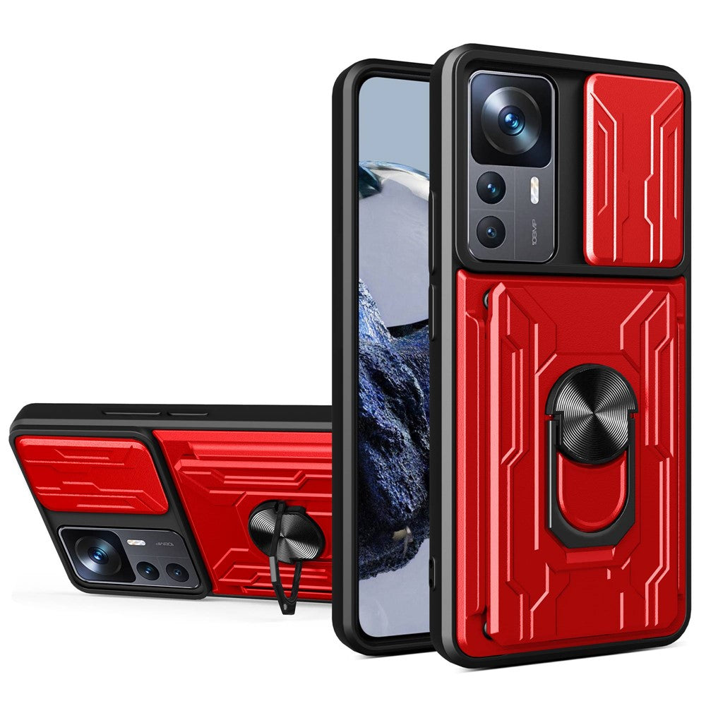 For Xiaomi 12T Pro 5G Card Holder Ring Magnetic Kickstand Phone Case PC + TPU Phone Protector with Slide Camera Cover