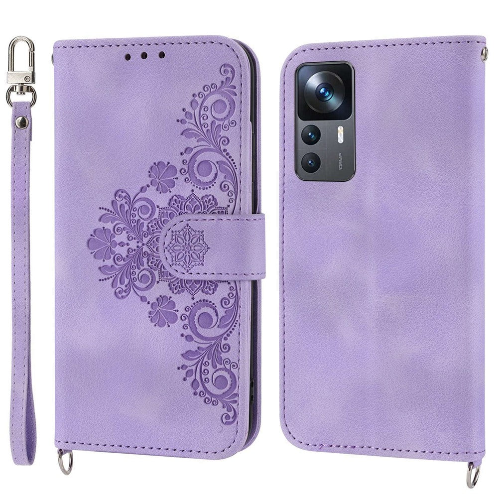 For Xiaomi 12T 5G / Redmi K50 Ultra 5G Imprinted Flowers  Wallet Case Skin-Touch PU Leather Stand Multiple Card Slots Flip Protective Cover with Wrist Strap and Shoulder Strap