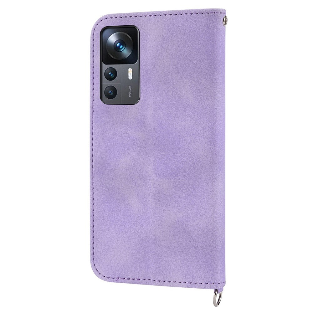 For Xiaomi 12T 5G / Redmi K50 Ultra 5G Imprinted Flowers  Wallet Case Skin-Touch PU Leather Stand Multiple Card Slots Flip Protective Cover with Wrist Strap and Shoulder Strap