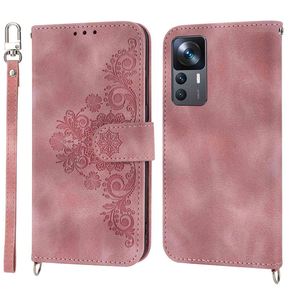For Xiaomi 12T 5G / Redmi K50 Ultra 5G Imprinted Flowers  Wallet Case Skin-Touch PU Leather Stand Multiple Card Slots Flip Protective Cover with Wrist Strap and Shoulder Strap