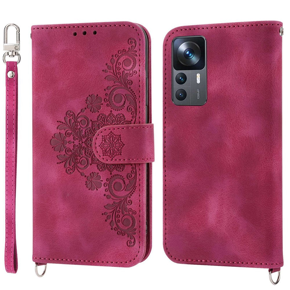 For Xiaomi 12T 5G / Redmi K50 Ultra 5G Imprinted Flowers  Wallet Case Skin-Touch PU Leather Stand Multiple Card Slots Flip Protective Cover with Wrist Strap and Shoulder Strap