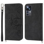 For Xiaomi 12T 5G / Redmi K50 Ultra 5G Imprinted Flowers  Wallet Case Skin-Touch PU Leather Stand Multiple Card Slots Flip Protective Cover with Wrist Strap and Shoulder Strap
