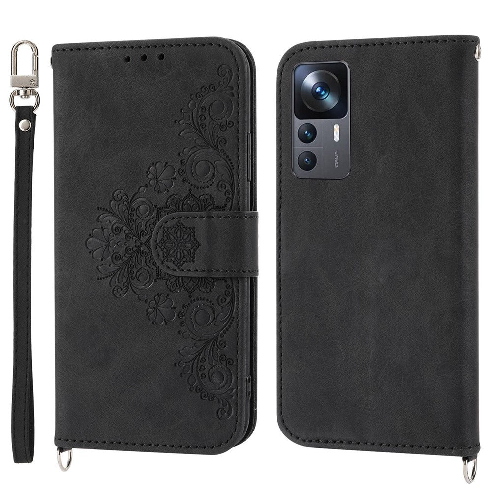 For Xiaomi 12T 5G / Redmi K50 Ultra 5G Imprinted Flowers  Wallet Case Skin-Touch PU Leather Stand Multiple Card Slots Flip Protective Cover with Wrist Strap and Shoulder Strap