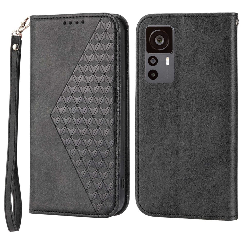 For Xiaomi 12T 5G / Redmi K50 Ultra 5G Rhombus Pattern Imprinted PU Leather Stand Case Calf Texture Shockproof Phone Wallet Cover with Strap