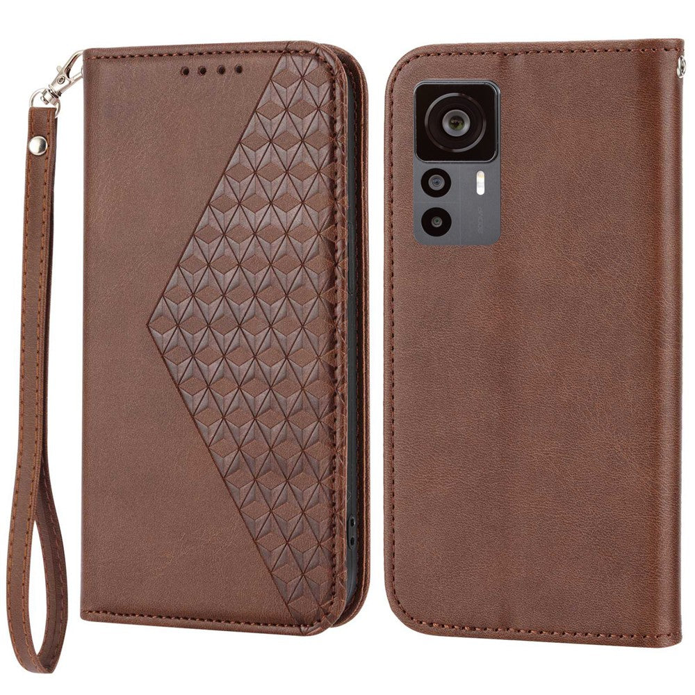 For Xiaomi 12T 5G / Redmi K50 Ultra 5G Rhombus Pattern Imprinted PU Leather Stand Case Calf Texture Shockproof Phone Wallet Cover with Strap